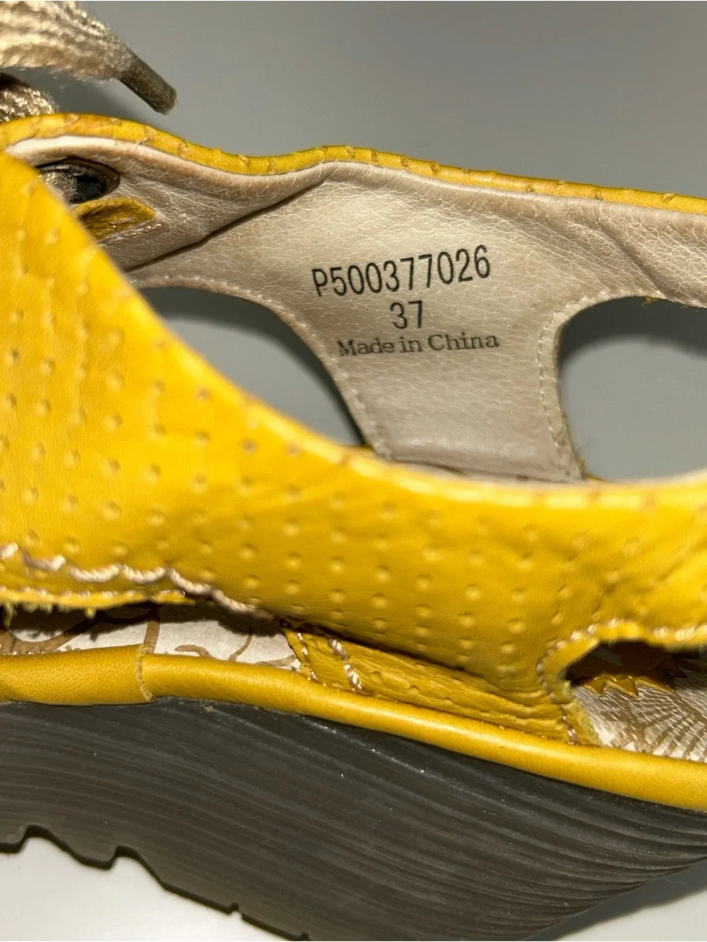 Fly London Ylva Yellow Perforated Leather Peep Toe Lace-Up Wedge Heel Sandal